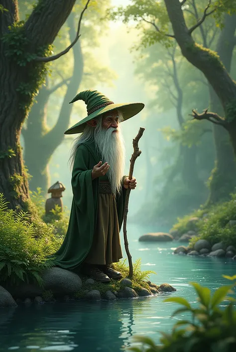 Old Elf , River, the forest , hat , Stick