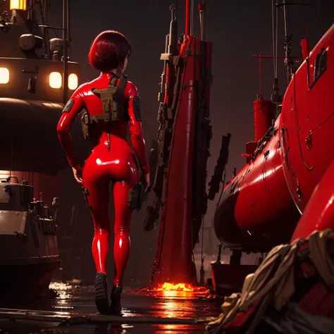 (1 girl operator wearing a red latex bodysuit) in full body from behind ready for assignment in a naval base during a rainy nigh...