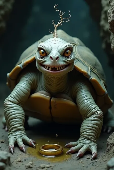 Create a detailed image of a turtle inspired by Gollum from The Lord of the Rings. The turtle has a frail, gaunt appearance with pale, wrinkled skin and large, bulging eyes filled with obsession.Its head should have a couple hair like gollum. Its shell is ...