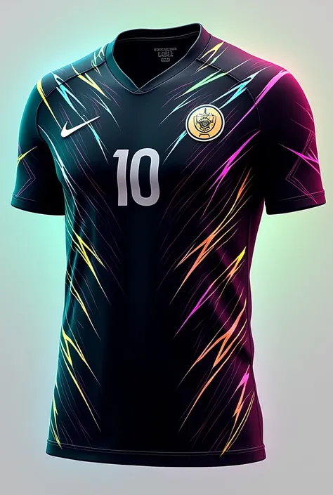 A black football shirt with thick lines of 4 neon colours covering the 90 % of the shirt simulating rays of electricity with the small number 10 in the center of the chest, Badge on the left side.