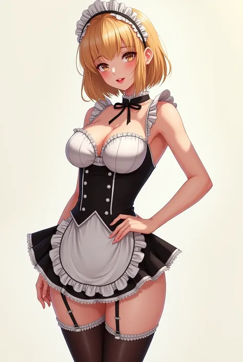 (masterpiece) anime girl, short blond hair, big breasts, high heels and black stockings, french maid costume.
