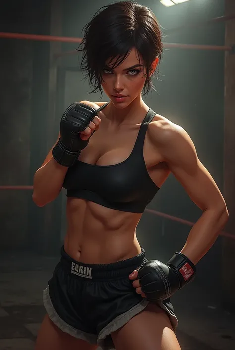 KICKBOXING FIGHTER, VERY BEAUTIFUL BRUNETTE WOMAN WITH SHORT HAIR