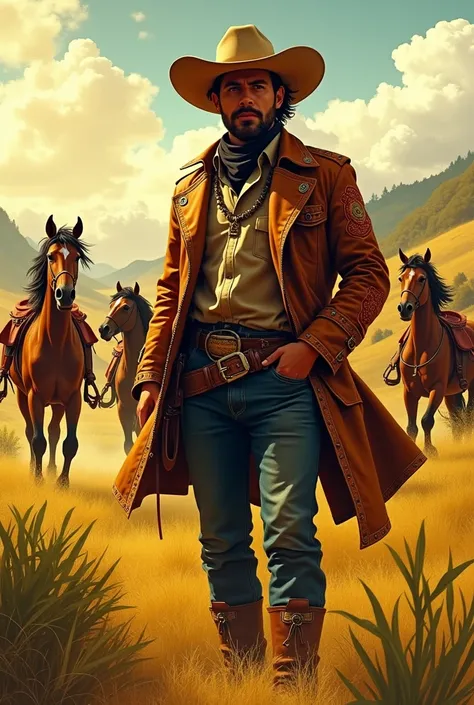 Create an image, gaucho, jacket,with horses, with yellow colors, with the name of southern tropeiros