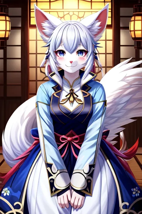 ((best quality)), ((masterpiece)), (detailed), 1girl, genshin impact, Kamisato Ayaka from genshin impact as a kitsune, furry, anime, grey eyes, looking at viewer, clothed, light colors, shy smile, detailed japaneze background, white fur, white skin, anthro...