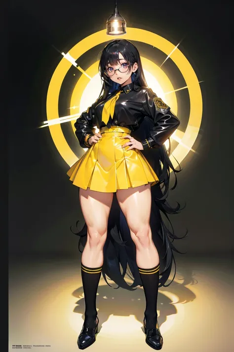 (best lighting), (best quality, masterpiece:1.2), illustration by hajime sorayama, perfect body, hyperfeminine curves, woman, 2, (((very long black hair))), (((yellow eyes))), glasses, thick, curvy, high fashion, short socks, skirt, leather, solo