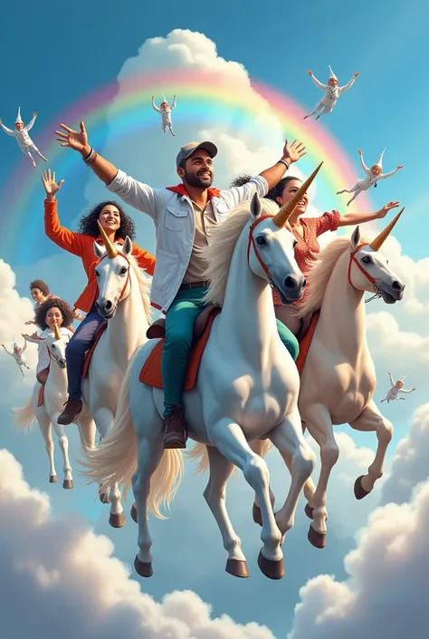 Community health agents, flying on unicorns, with little elves, white clouds and rainbow, happy , 1 man and 6 women