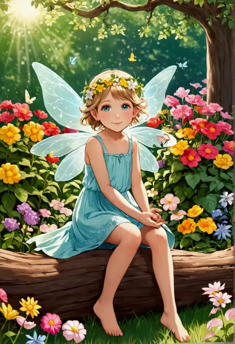 A young nature fairy named Estela, with radiant beauty and delicate wings, is sitting on a log in a flower garden. A soft light emanates from it, creating a magical environment. Next to you, Luke is sitting on the floor, planting a flower with a happy smil...