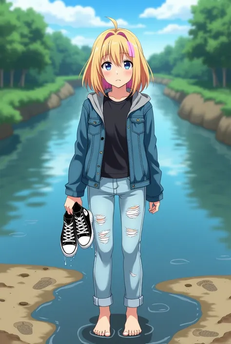 anime girl, embarrassing, blonde hair, pink streak, rote Jacke, black t-shirt, long light blue jeans with rips, wet pants below, stands barefoot on the river bank, dripping wet black and white hi top sneakers in her hand, stands in a puddle, wet footprints...