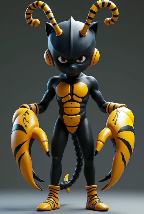 Male disney avatar of catnoir and scorpion two 3d version.with black eyes ,black scorpion skin, yellow scorpion skin with bee stripe, scorpion claws,bee antenna.expression of hate 