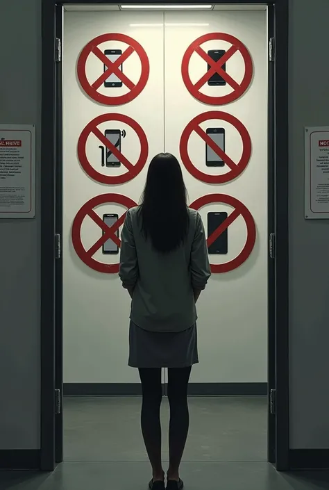 Image of a woman in a room, in the background on the wall a sign prohibited from cell phones, another sign prohibited from social networks