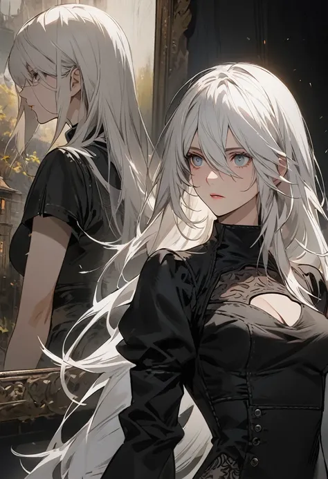 Part of the painting is outside the background frame, Long hair, White hair, Black vest，NieR Automata，A2