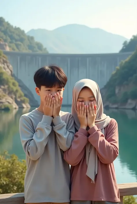 In the picture, a couple boy and girl can be seen taking photos in the dam tourist area. They stand side by side against the backdrop of a majestic dam view. Both of them faced the camera with shy smiles, but their faces were covered by their hands because...