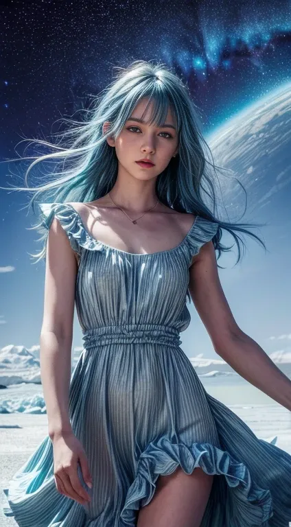 absurdres, highres, (official art, beautiful and aesthetic:1.2), (near vision:1.15), (1girl, blue hair, medium hair, blue eyes, bright eyes, long white dress, blue ruffle,:1.2) blue sky, Shimmering Galaxy, (Salar de Uyuni:1.2), (fractal art:0.8), water eff...