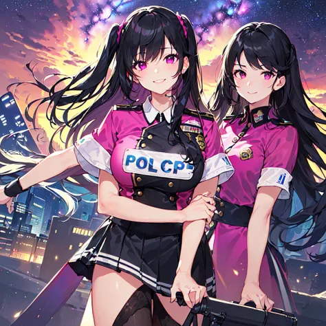 masterpiece, best quality, high quality, extremely detailed, very delicate and beautiful, (1 female 1adult solo:1.5), (two side up long black hair:1.5), bangs to eyebrows, eyes (eyes: 1.3), (eye color: magenta:1.3), 6.5 head height, (police costume skirt: ...