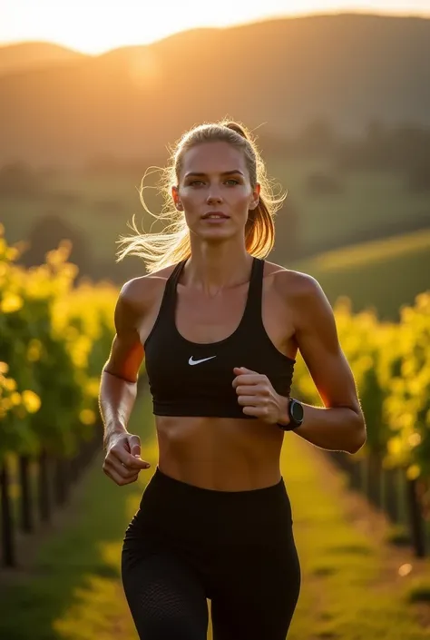 Create a realistic image of a 20 year old woman,
long blond hair, blue eyes, cheekbones, ((full body)), dressed in black Nike leggings and a Nike sports tank top, she has her hair tied up, she is running, she is jogging at sunrise
background: vineyards in ...