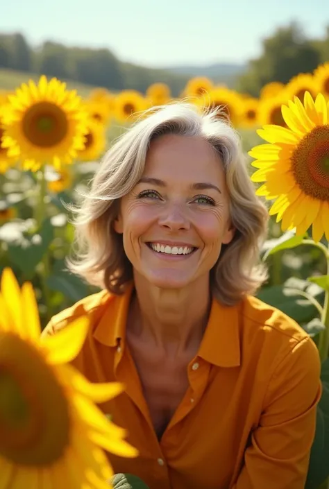 Happy mature woman with big eyes in the middle of a sunflower garden orange clothes no cell phone sign