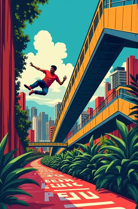 Generate a pop art style image of the city of Medellin that contains the following graphic elements ( Coffee plants on the right side of the image, zig zag escalators, a break dancer on the left side, The city&#39;s subway at the top of the image, At the b...