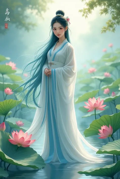 ((4k,masterpiece,best quality)), shuimobysim, Chinese painting, lotus, hanfu, maxiskit, dress open, swf 1girl, solo, long blue hair, smile, standing, feet in the water, barefoot,