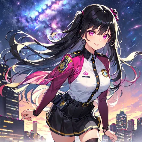 masterpiece, best quality, high quality, extremely detailed, very delicate and beautiful, (1 female 1adult solo:1.5), (two side up long black hair:1.5), bangs to eyebrows, eyes (eyes: 1.3), (eye color: magenta:1.3), 6.5 head height, (police costume skirt: ...