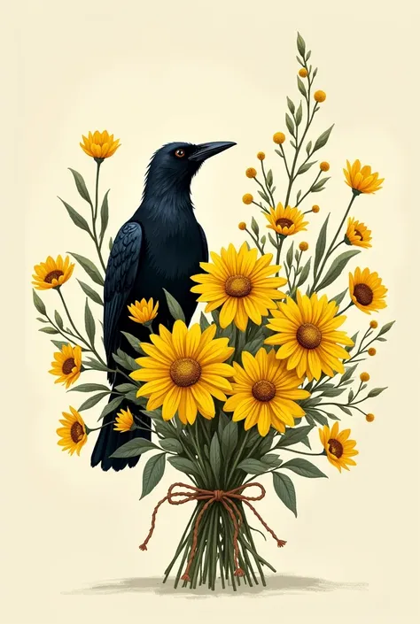 Hand drawn bouquet of yellow flowers, crow next to yellow flowers