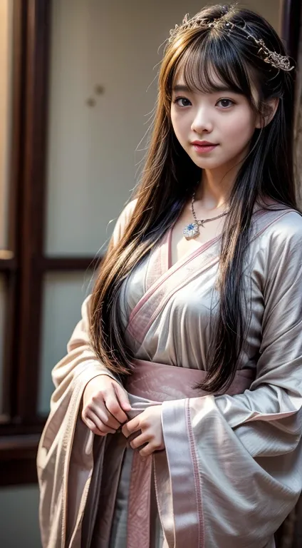 Superb Quality, Masterpiece, High Resolution, 1Girl, Blush, (Seductive Smile: 0.8), Star Pupil, Chinese Hanfu, Hair Accessories, Necklace, Jewelry, Beauty, on_body, Tyndall Effect, Realistic, Shadow Room, Light Edge, Two-tone Lighting, (High Detail Skin: 1...