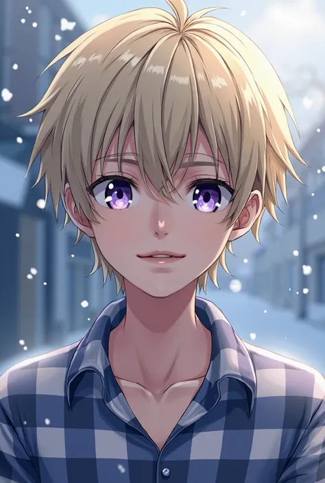 Tamakisuoh (Ouran highschool host club) a pale blonde hair, violet eyes, tall, slender figure, handsome,  triangular face shape, sharp jawline, wearing a checkered polo in a winter outdoor