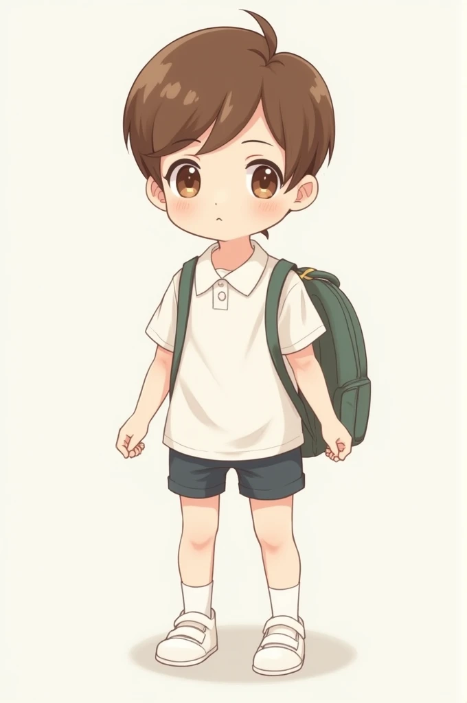 Brown haired boy with brown eyes and small white shirt and school bag, short hair, white feet 