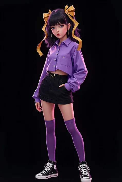 teenage girl, black short skirt, purple leg warmers,  tight purple shirt, silver and gold handles, black tennis shoes, semi-gathered hair with golden ribbons, black background.