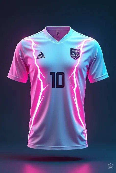 A white football shirt with 4 neon coloured paint lines spanning the 90&#39;s % of the shirt simulating electric shocks with the small number 10 in the center of the chest, Badge on the left side.