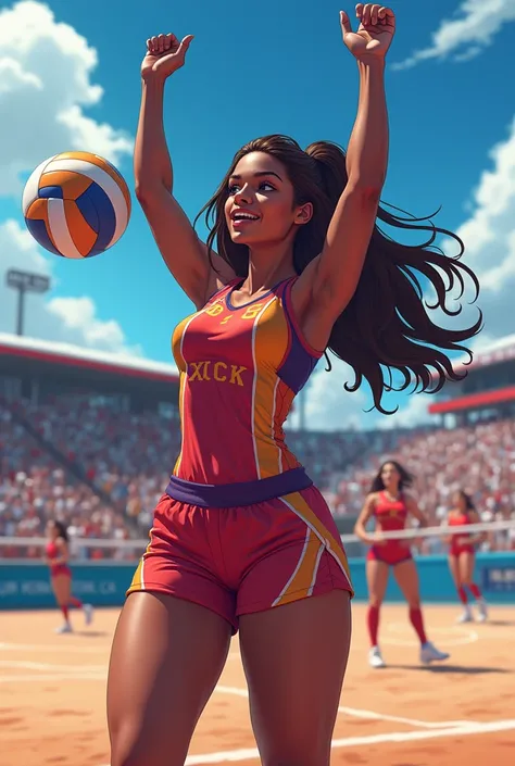 Girl with brown hair, blue eyes, Tall, dark-skinned woman in volleyball clothes cheering on her team, anime
