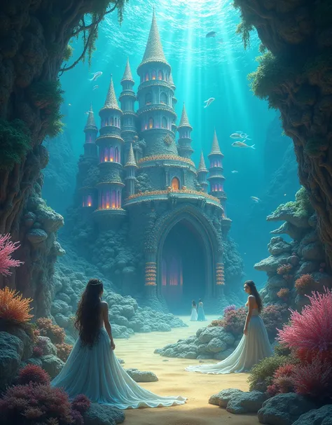 An underwater palace made of gleaming coral and glowing pearls, nestled at the bottom of a crystal-clear ocean. The palace towers reach upward, intertwined with sea vines that sparkle with bioluminescent light. Elegant mermaids with iridescent scales and f...