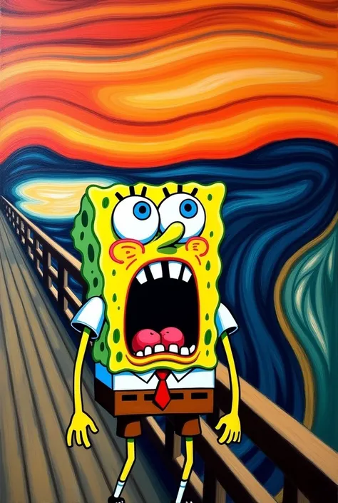 Remake the art THE SCREAM by author EDWARD MUNCH, with the character Sponge Bob 