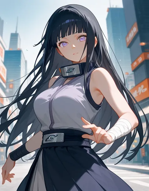  score_9_up,score_8_up, (hinata hyuga), naruto, 1girl, solo, black hair, long hair, looking at viewer, big breast, (city), (pose), hand, skirt, bare shoulders, bandage on the neck