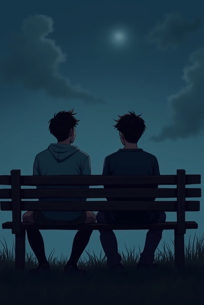 Disappointed young men setting on the bench,he look at the sky evening dark theme  