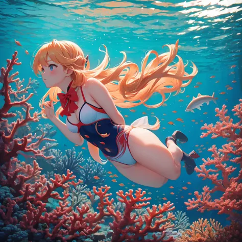 serene underwater scene for vibrant photorealistic coral reef video background。a beautiful woman with blonde hair and a big red ...