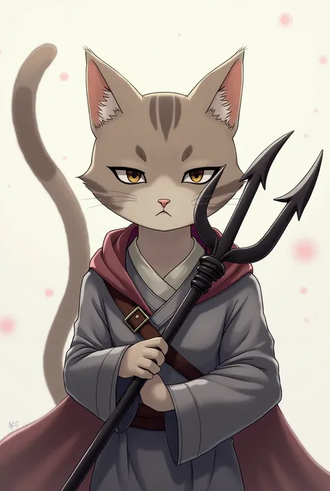 A cat holding a trident, anime version but not very aggressive and just a little tender, but if you have more details, it should be a warrior cat, as if the cat had returned victorious from a war. 
