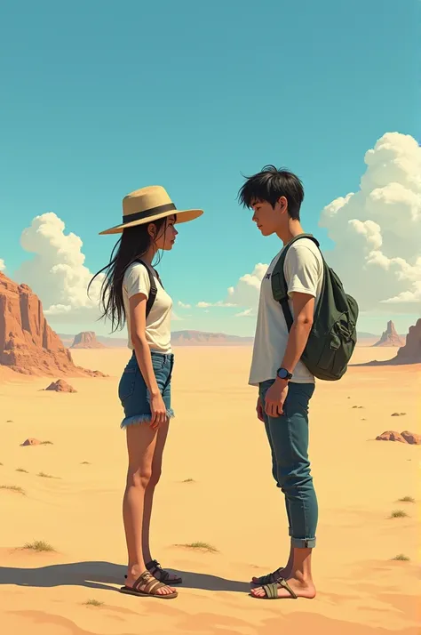 Girl in the middle of the desert, talking to a person