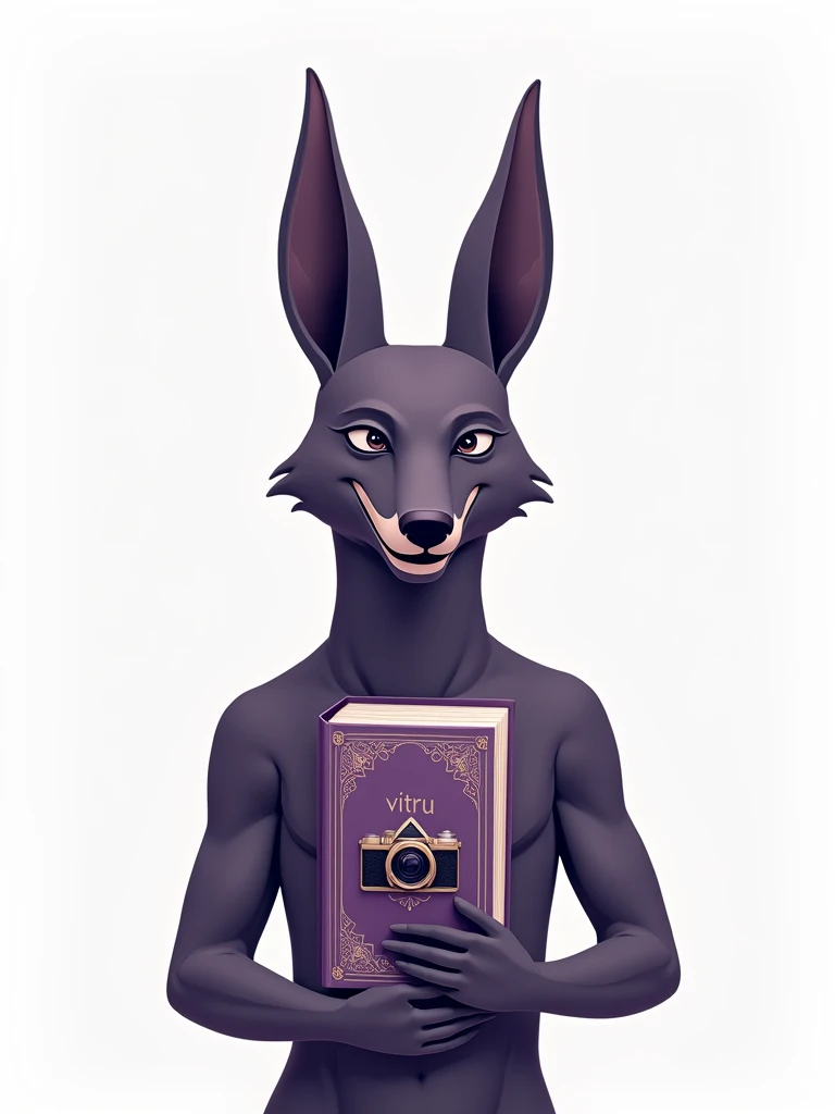 (flat) Smiling god Anubis holding a book, book cover with image of a camera and text: VITRU, shades of purple book, white background