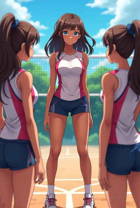 Girl with brown hair, blue eyes, Tall, dark-skinned girl in volleyball clothes talking to other girls, anime
