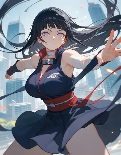 score_9_up,score_8_up, (hinata hyuga), naruto, 1girl, solo, black hair, long hair, looking at viewer, big breast, (city), (pose), hand, skirt, bare shoulders, bandage on the neck, battle pose
