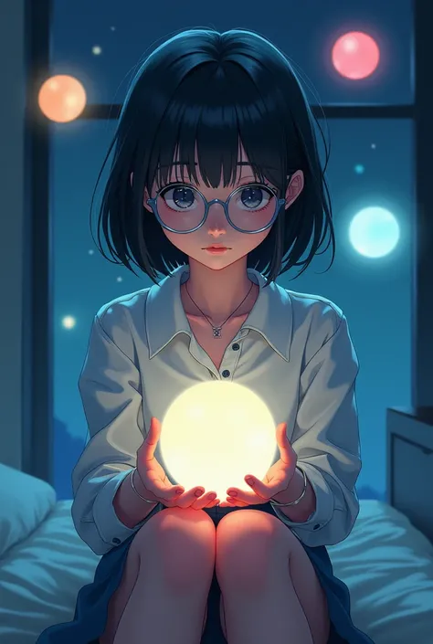 ((1girl)), anime, short dark hair, dark skin, shiny glasses lenses, mouth closed and expressionless, sitting, with her hands holding a glowing orb while two other glowing spheres orbit around her.