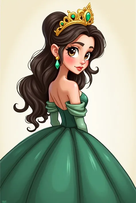 Beautiful brown-eyed girl with long dark brown hair and half updo, with a big emerald green princess style dress, with bare shoulders, She is posing with her back turned with her face looking to one side. She is wearing a crown in golden tones with green s...