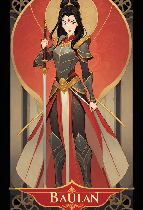 1 Mulan, Armor, Full body standing painting, (((solo))), Clear facial features, Simple line design, ((tarot card background, symmetric beauty)), perfectly symmetrical, The art of symmetry, Standing drawings of characters, ((flatcolors)), tmasterpiece，top Q...