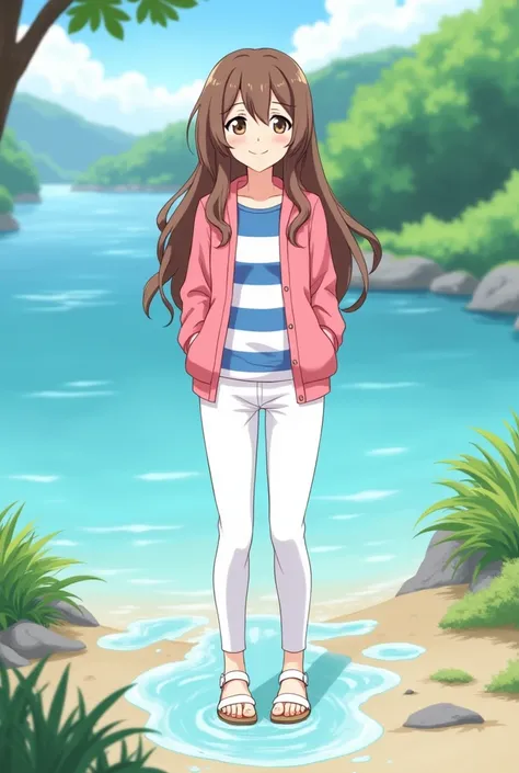 anime girl, Rise Kujikawa, smiles sheepishly, brown long curls, pink jacket, white blue striped shirt, white pants, white sandals with brown sole, stands on the river bank, stands in a puddle, wet footprints on the floor 