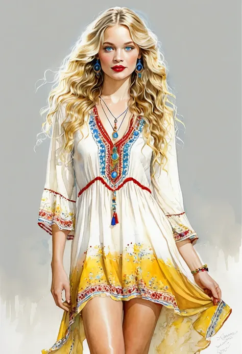 full body view, yellow and white short style boho dress,very realistic illustration, beautiful woman, blond long wavy hair, blue eyes, light makeup, red lipstick, very detailed accessories, ,white background. by Jerry Pinkney art style.