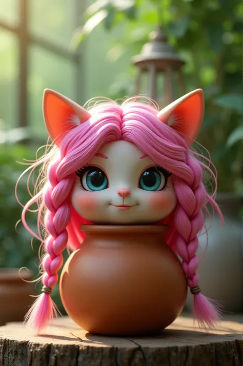 Clay pot with pink braided hair