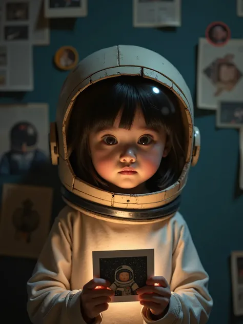 a girl, , with photo in hand, helmet made of cardboard, dreaming that she is an astronaut. Portrait 50mm lens, low light, dreamy face, short black hair brown eyes, in the background, magazine clippings with a space theme