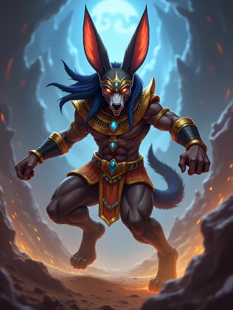 (smite game style) God Anubis in Egyptian clothing, action pose, blurred cosmic background, digital art