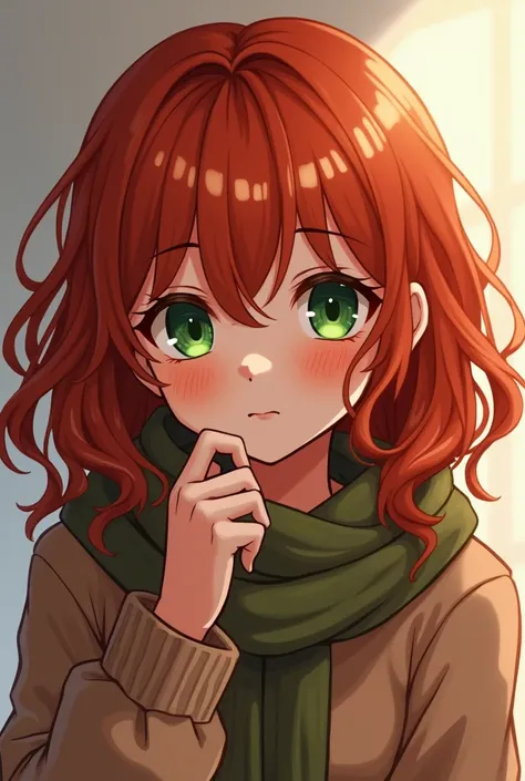 Wavy redhead girl, green eyes, dark complexion, short stature and wearing warm clothing, Thinking, anime