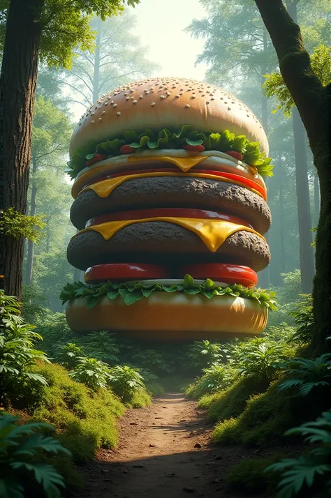 A low angle shot of a giant 30-meter burger in the middle of a forest 